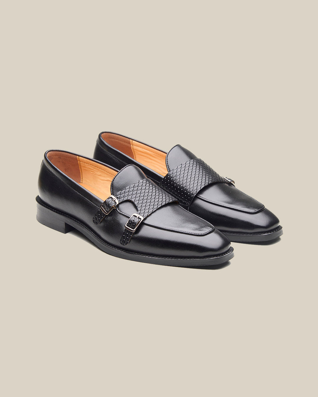 Carson Leather Monk Strap Shoes Black