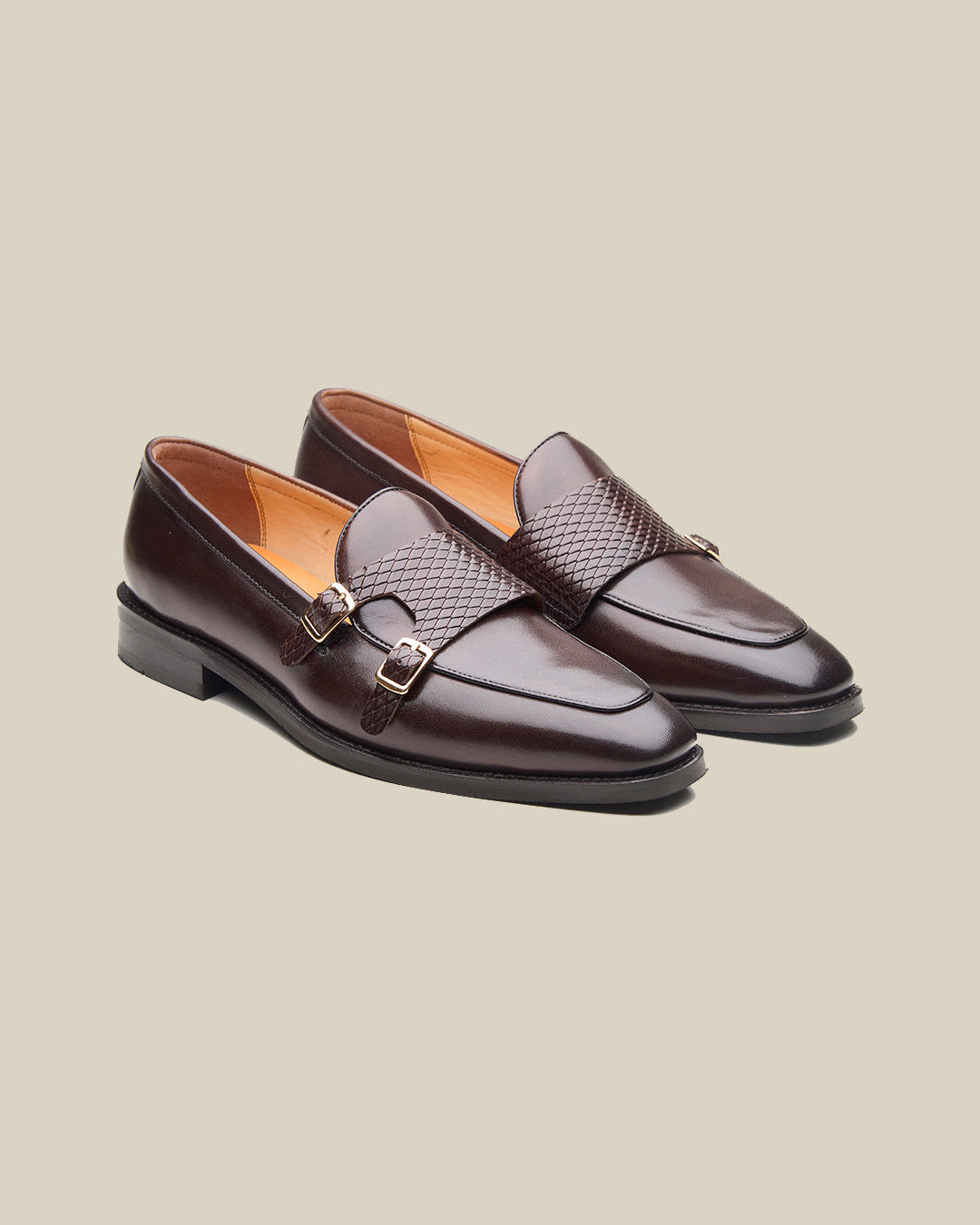 Carson Leather Monk Strap Shoes Brown