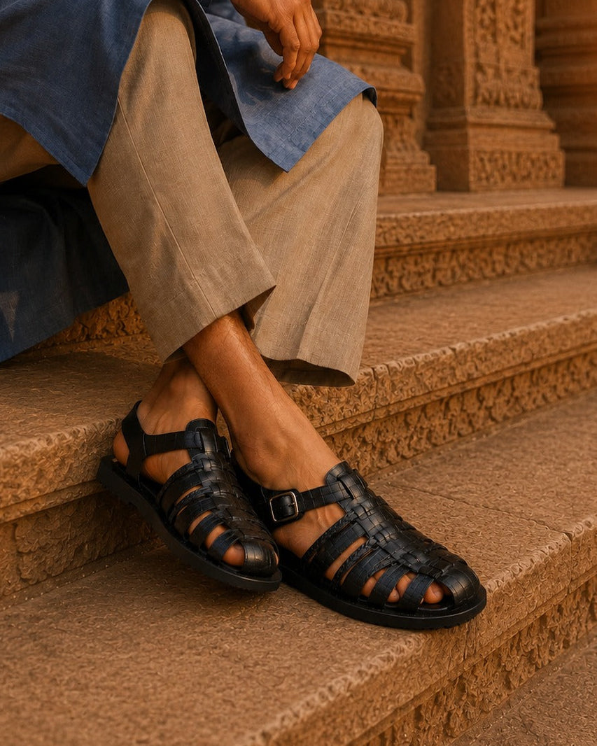 Defender Ethnic Huarache Leather Sandals Black