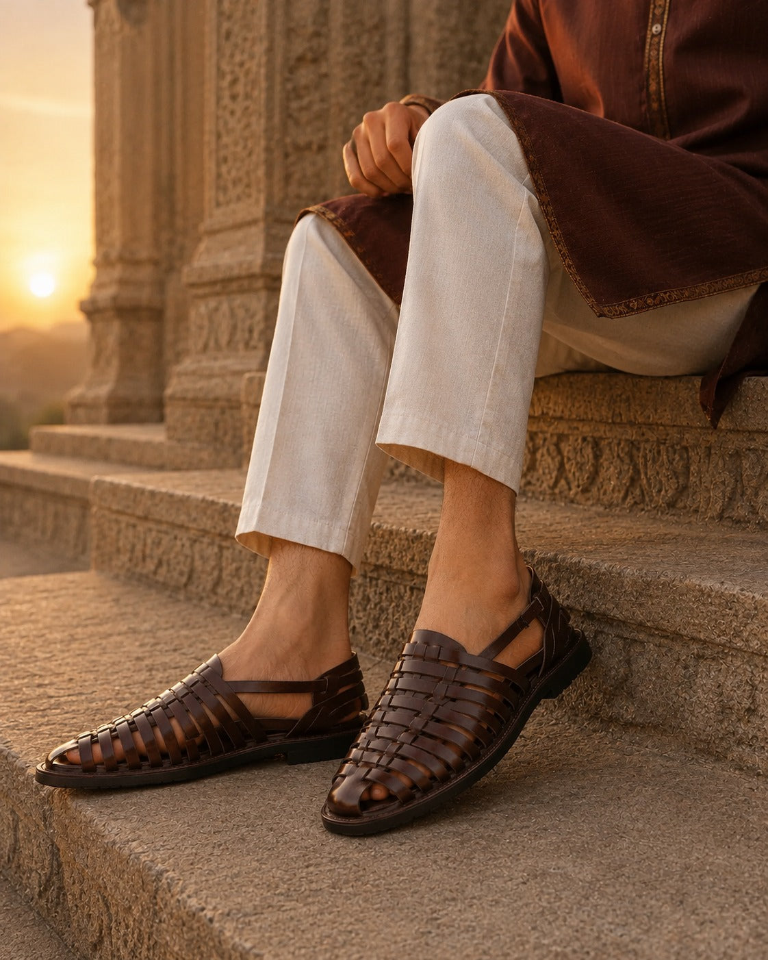 Johan Ethnic Huarache Leather Sandals Brown