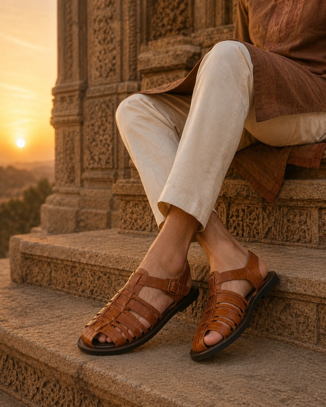 Hayward Ethnic Huarache Leather Sandals Tan