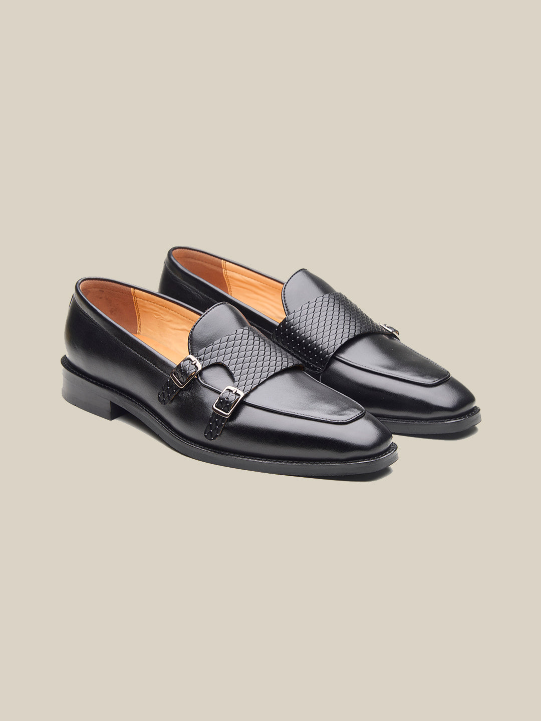 Carson Leather Monk Strap Shoes Black