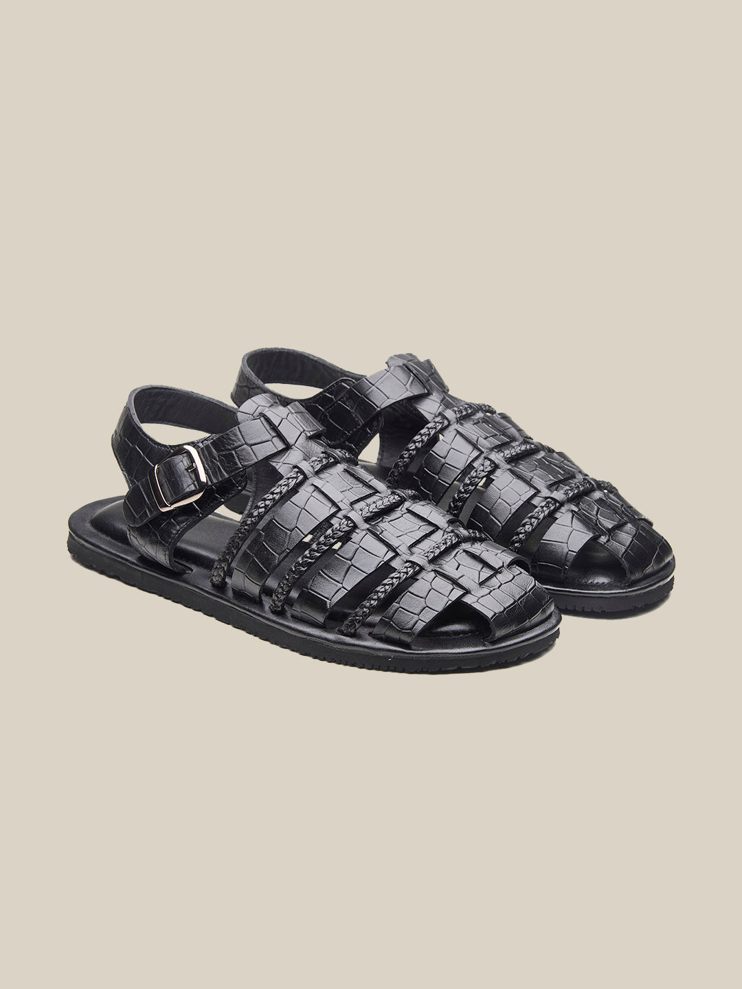 Hayward Ethnic Huarache Leather Sandals Black