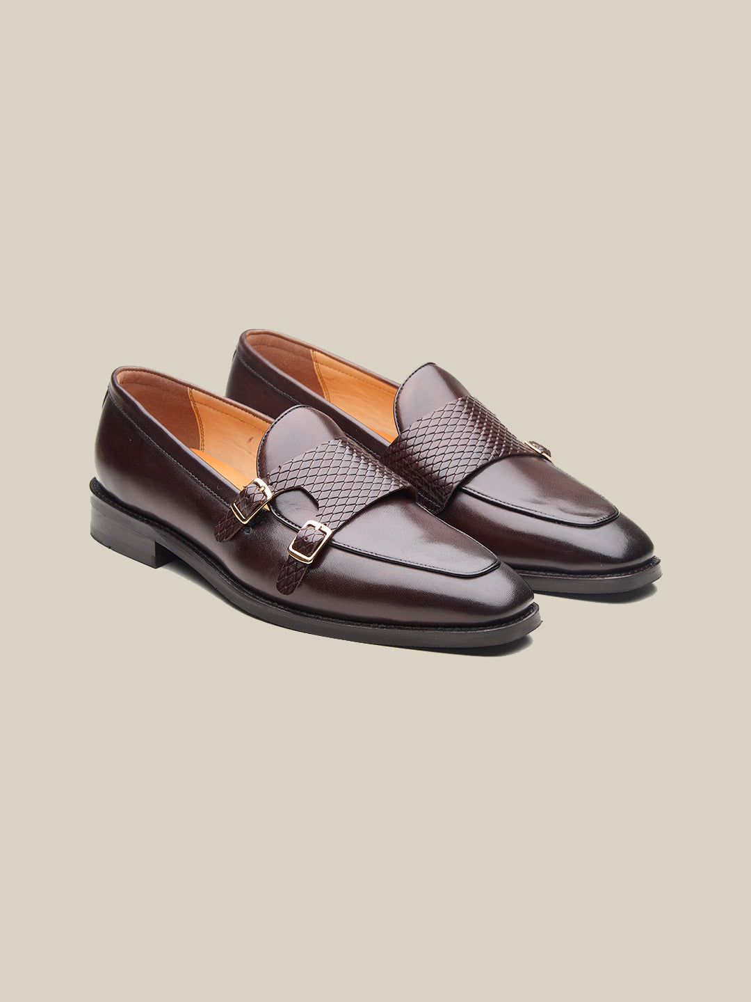 Carson Leather Monk Strap Shoes Brown