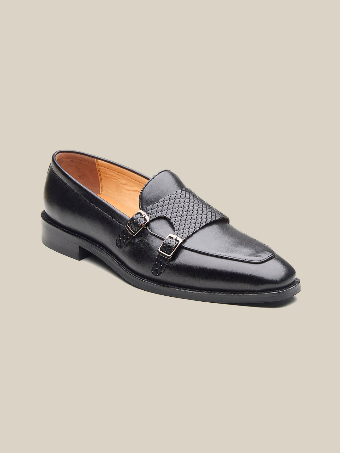 Carson Leather Monk Strap Shoes Black