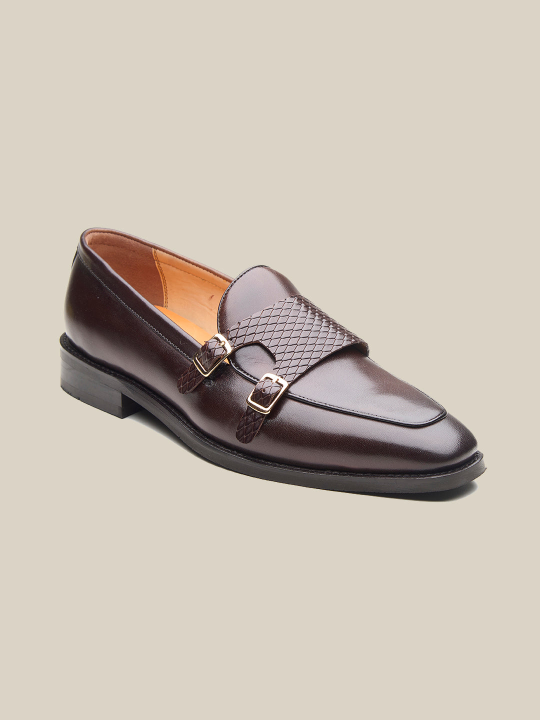 Carson Leather Monk Strap Shoes Brown