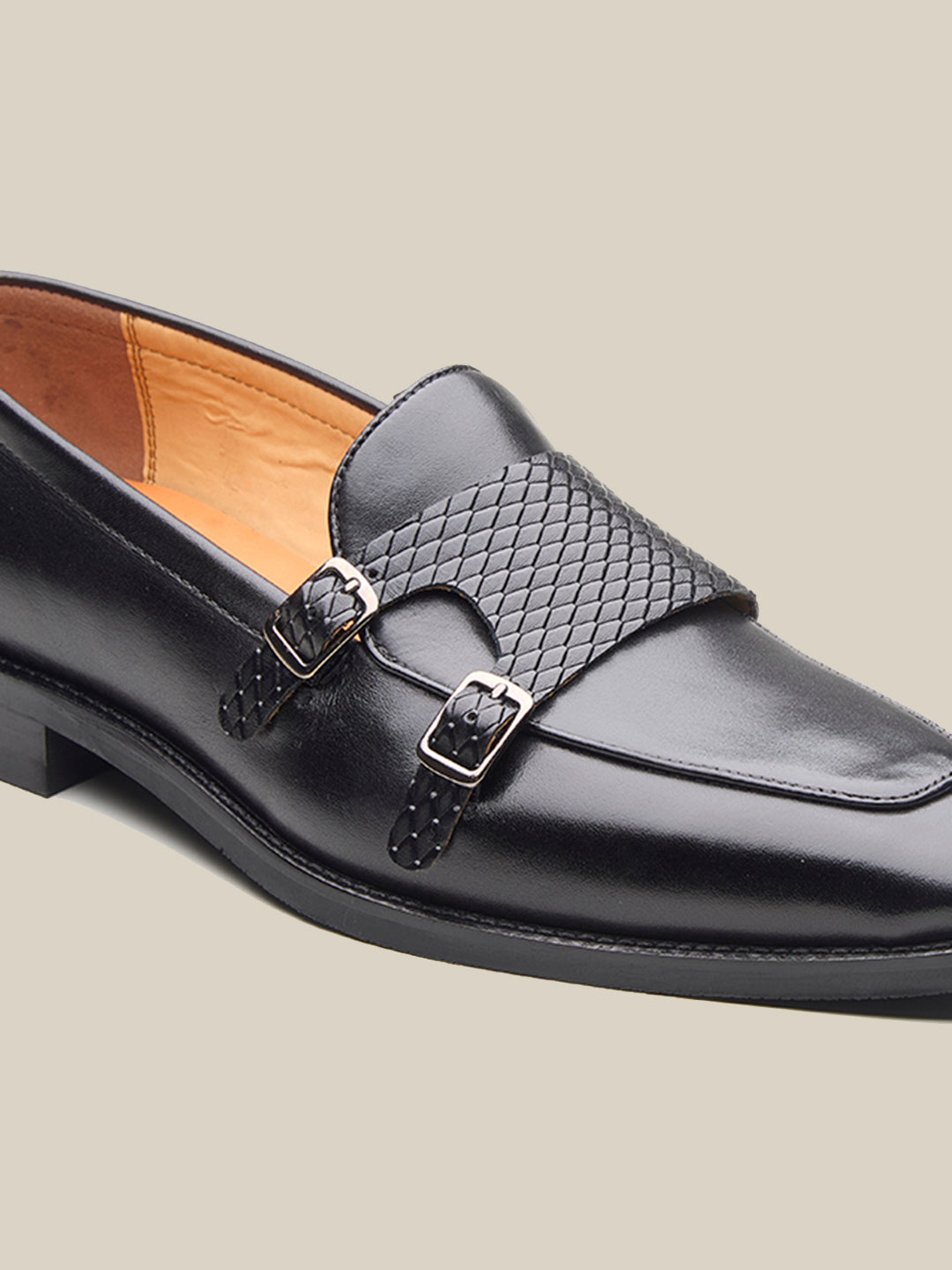 Carson Leather Monk Strap Shoes Black