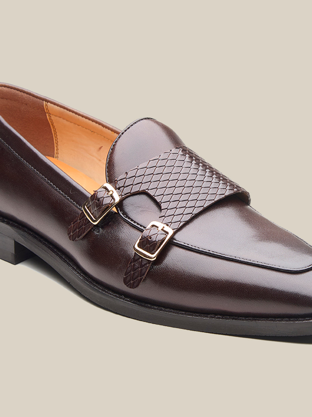 Carson Leather Monk Strap Shoes Brown