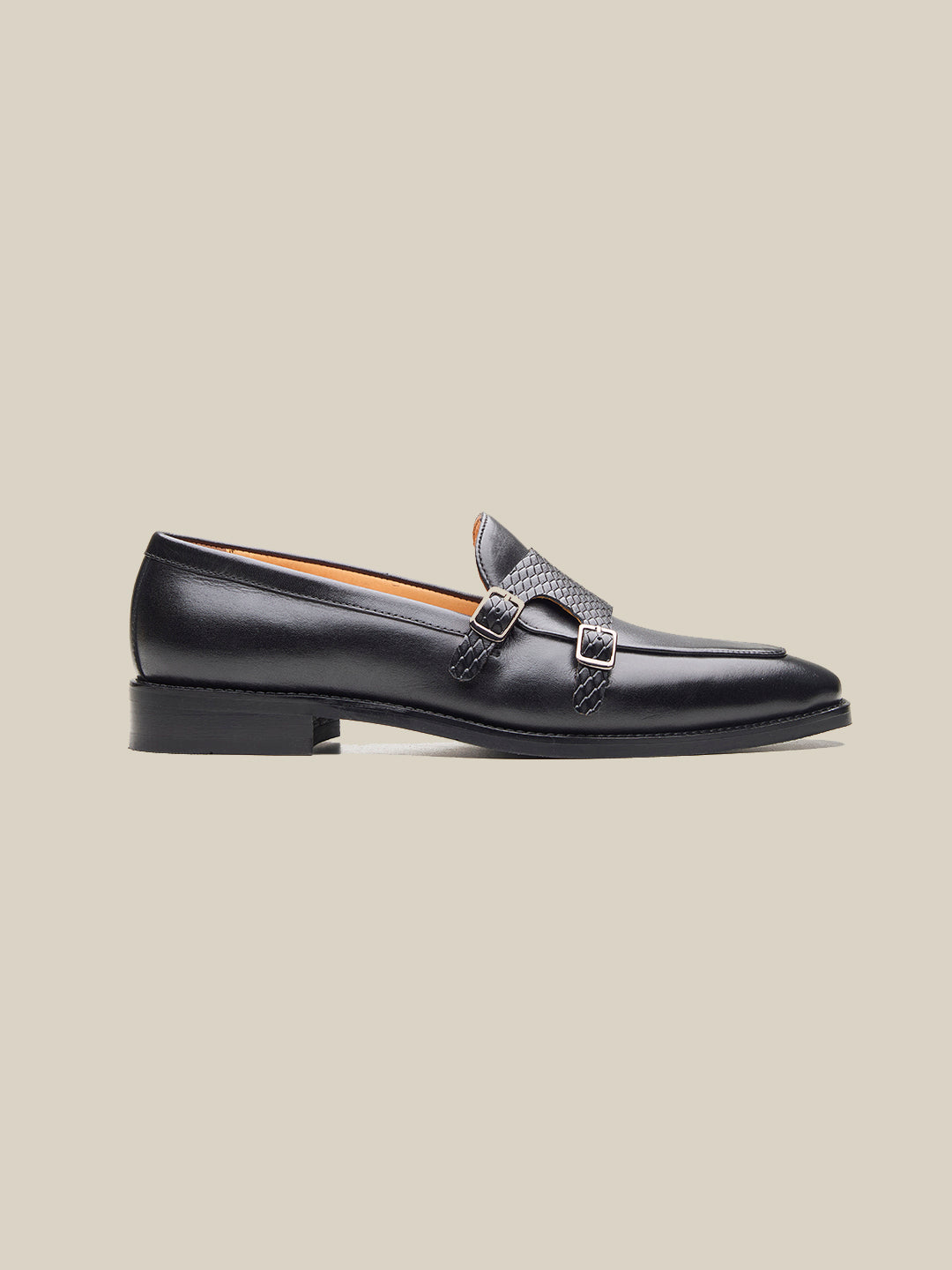 Carson Leather Monk Strap Shoes Black