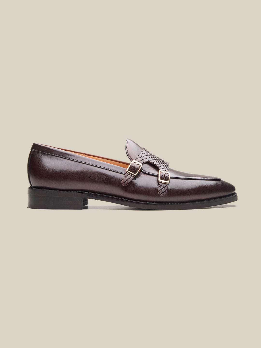 Carson Leather Monk Strap Shoes Brown