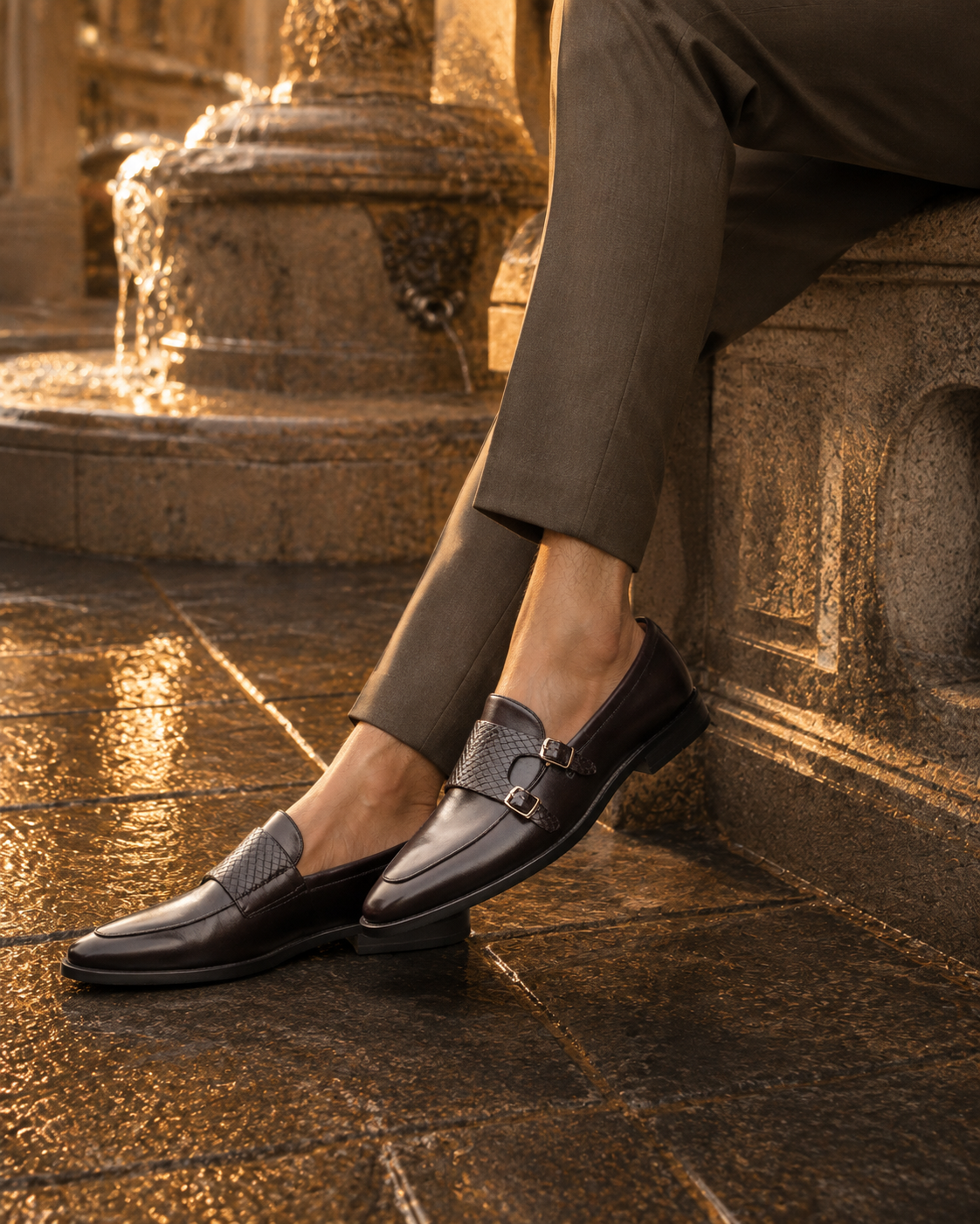 Carson Leather Monk Strap Shoes Brown