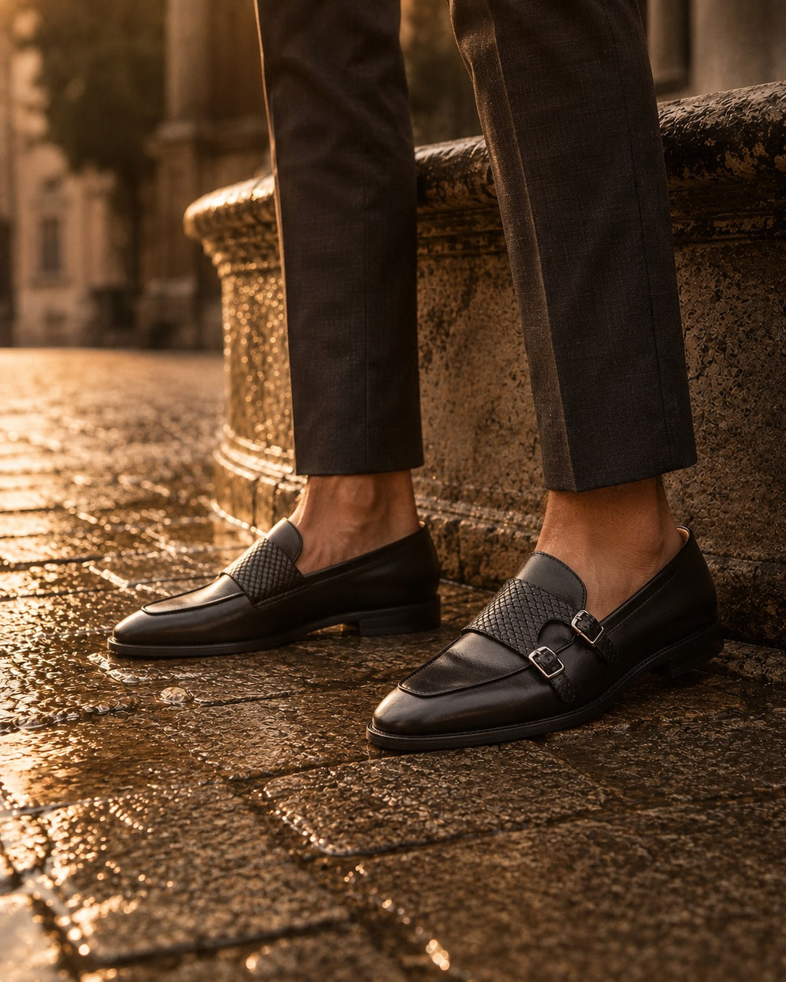Carson Leather Monk Strap Shoes Black