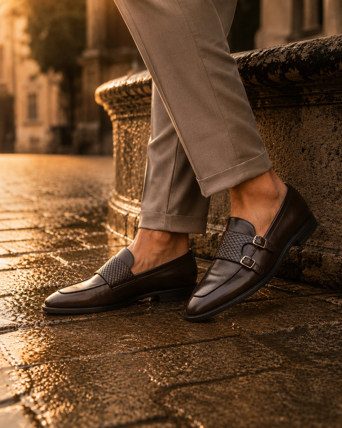 Carson Leather Monk Strap Shoes Brown