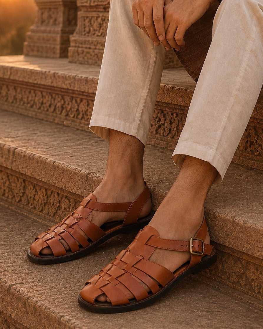 Defender Ethnic Huarache Leather Sandals Tan