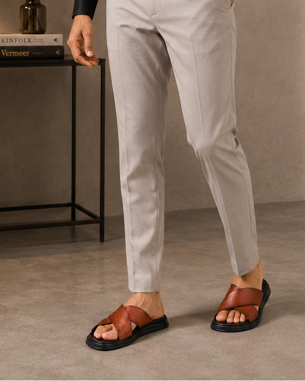 FOLCO Men's Premium Textured Leather Sandals Tan