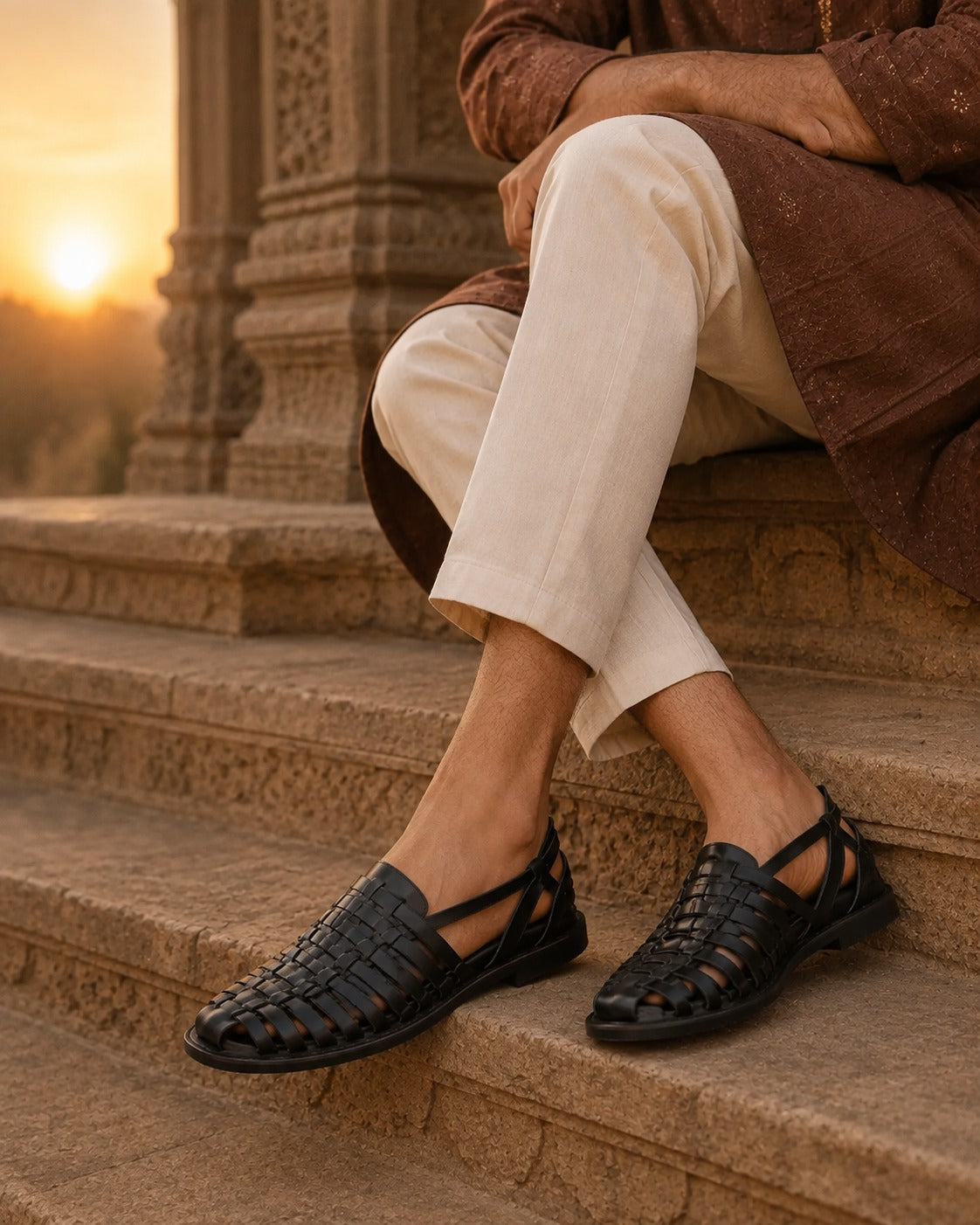Johan Ethnic Huarache Leather Sandals Black